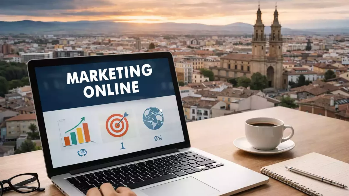 Espacio de trabajo con portátil mostrando métricas de marketing digital y vista urbana al atardecer en La Rioja