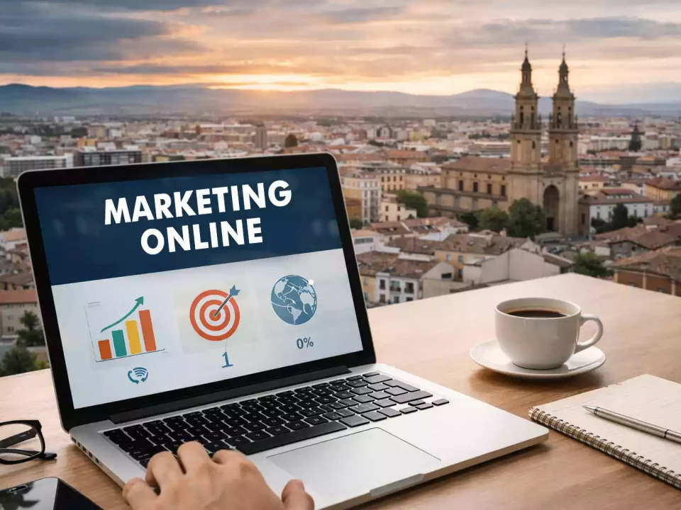 Espacio de trabajo con portátil mostrando métricas de marketing digital y vista urbana al atardecer en La Rioja