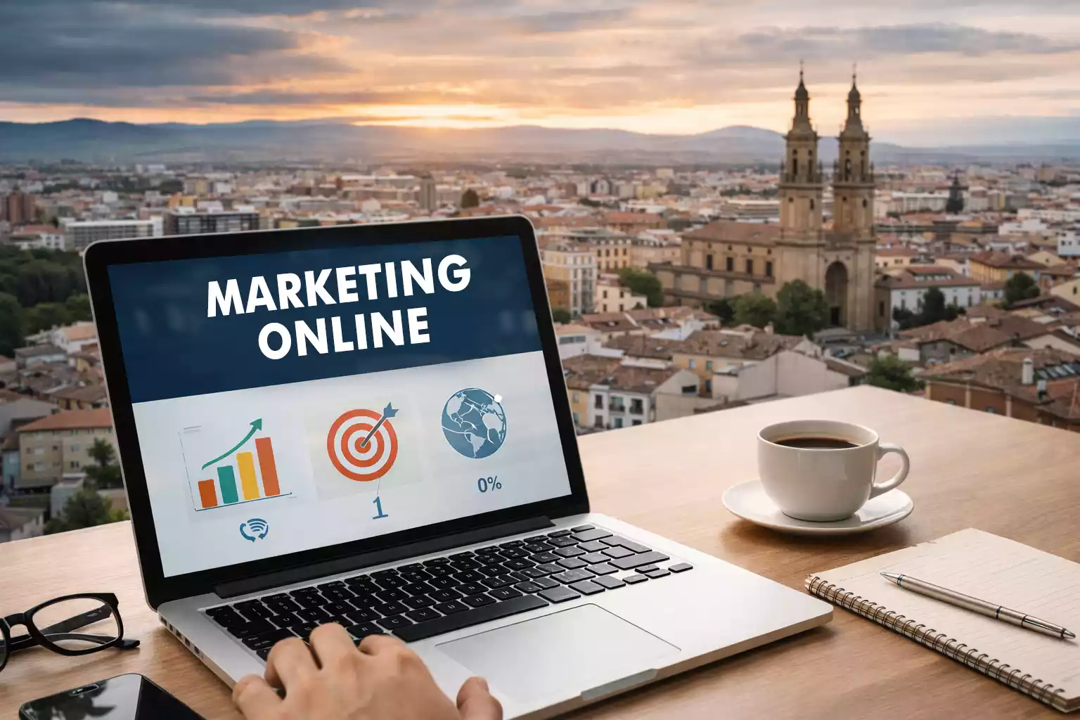 Espacio de trabajo con portátil mostrando métricas de marketing digital y vista urbana al atardecer en La Rioja