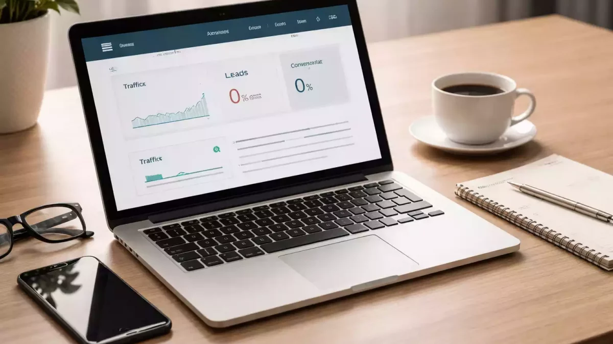 Escritorio de trabajo con portátil mostrando analítica web sin conversiones, representando una estrategia digital sin resultados