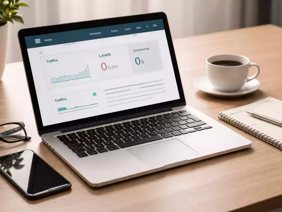 Escritorio de trabajo con portátil mostrando analítica web sin conversiones, representando una estrategia digital sin resultados