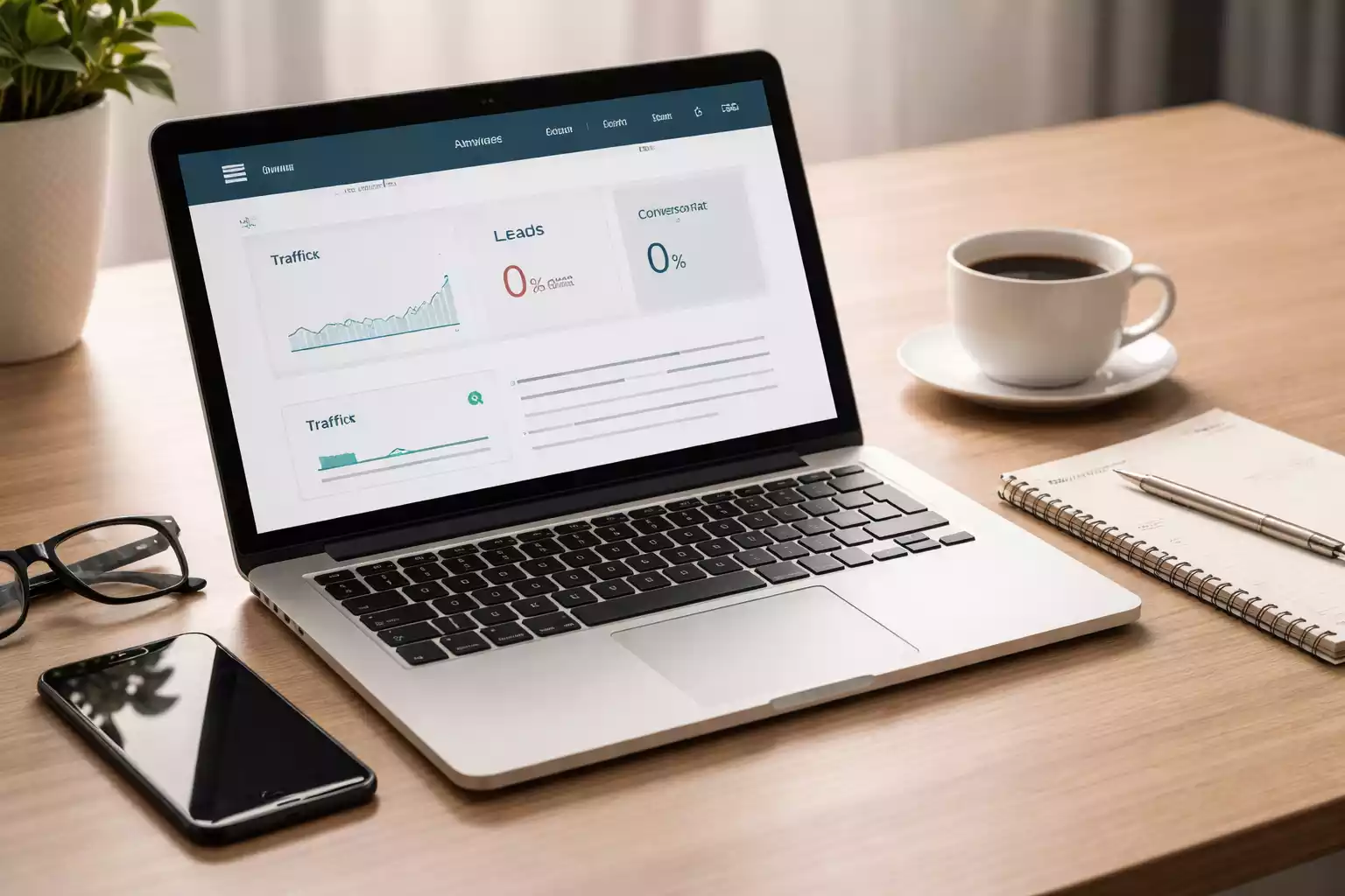 Escritorio de trabajo con portátil mostrando analítica web sin conversiones, representando una estrategia digital sin resultados