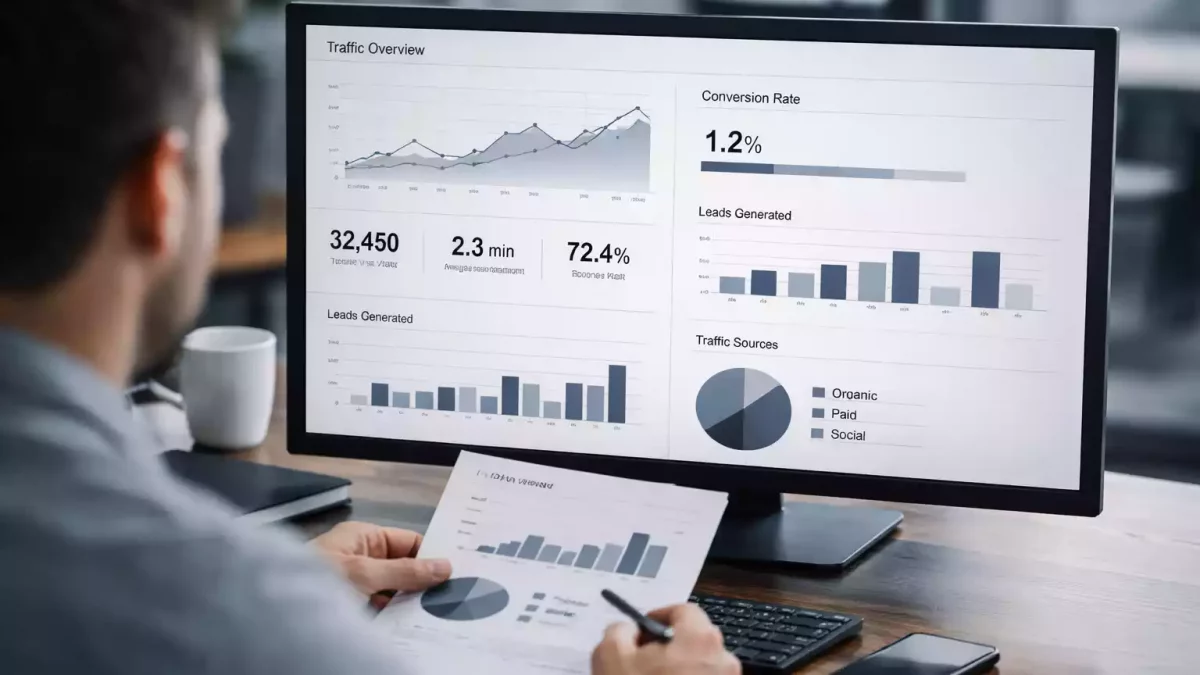persona analizando resultados de marketing digital en pantalla con datos y métricas