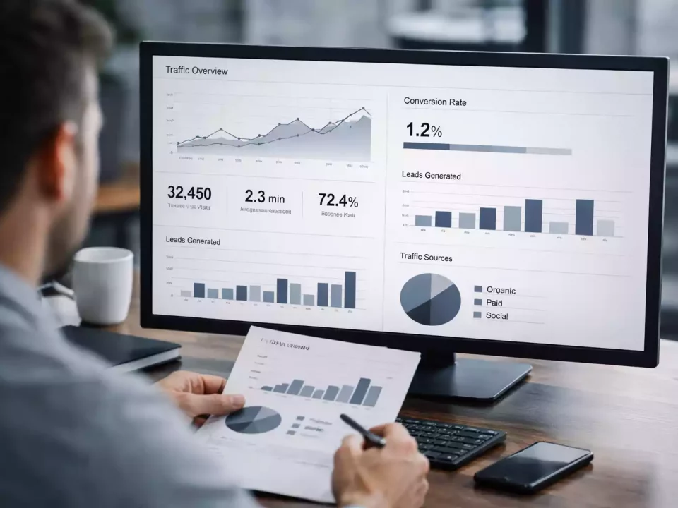 persona analizando resultados de marketing digital en pantalla con datos y métricas