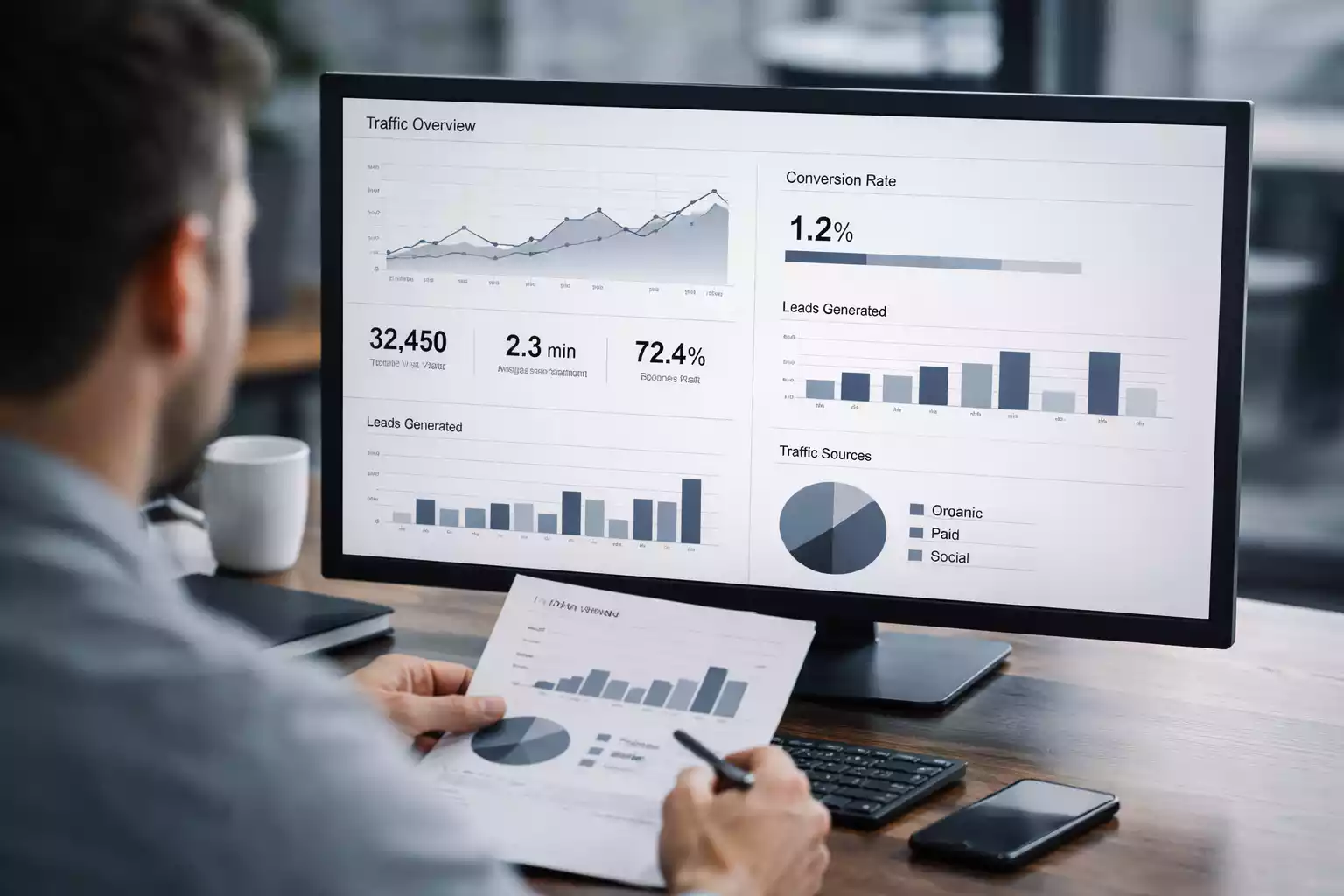 persona analizando resultados de marketing digital en pantalla con datos y métricas