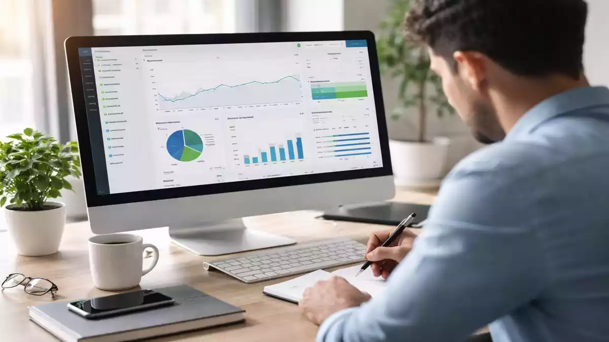persona analizando resultados de marketing digital en pantalla con métricas