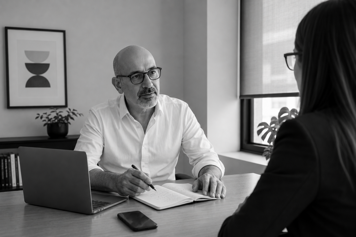 Consultor de marketing digital en reunión con cliente analizando su estrategia